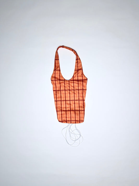 Orange Plaid Lace-Up Halter