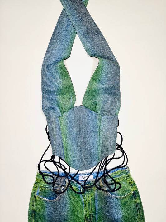 Green Denim Halter Set
