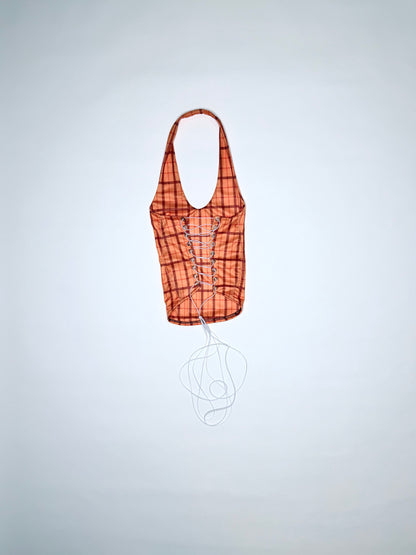 Orange Plaid Lace-Up Halter