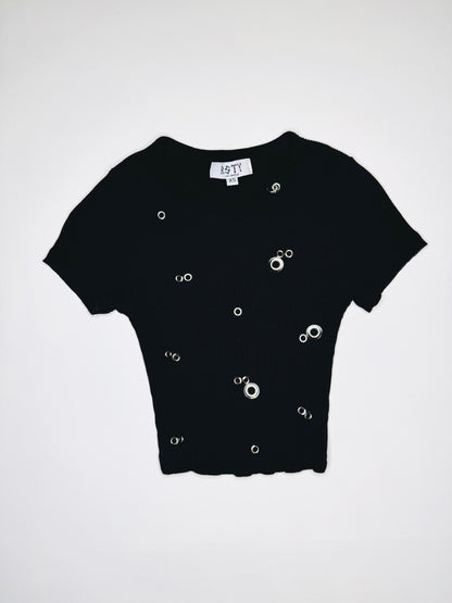 Black Ribbed Pierced Tee