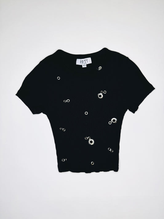 Black Ribbed Pierced Tee