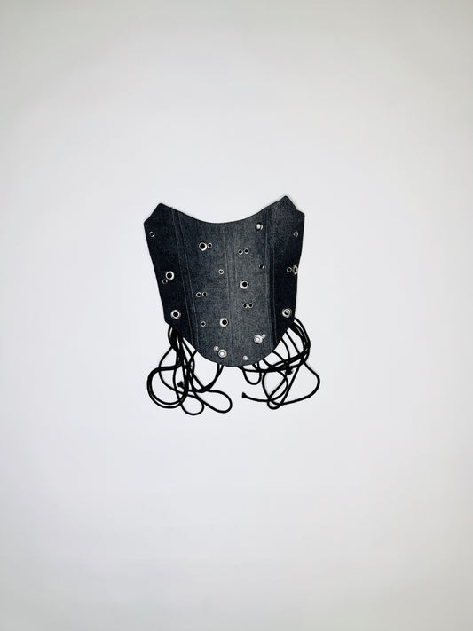 Distressed Grey Denim Grommet Corset