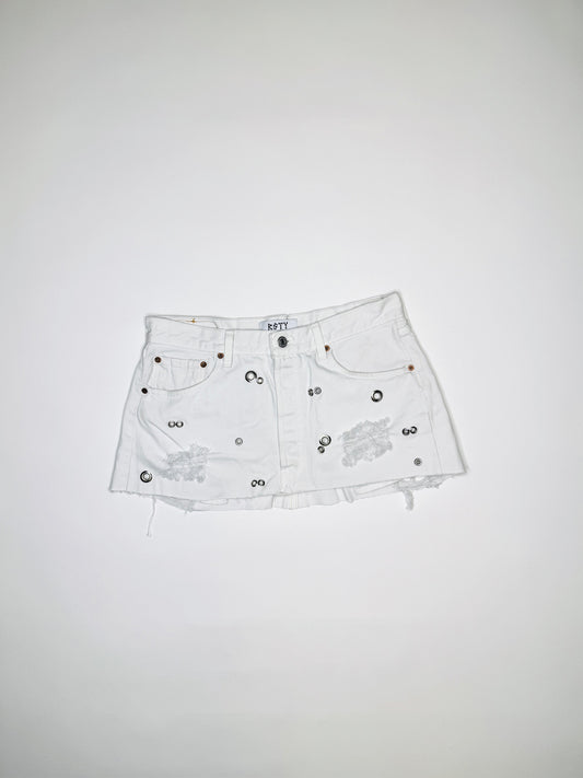 White Denim Pierced Mini Skirt